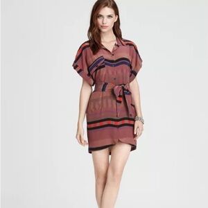 Vena Cava 100% Silk Colorblock Printed Belted Waist Button Front Mini Dress ASO